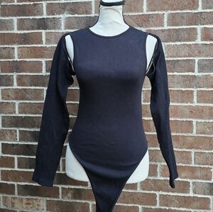 PrettyLittleThing Black Ribbed Cutout Long Sleeve Bodysuit Size XL